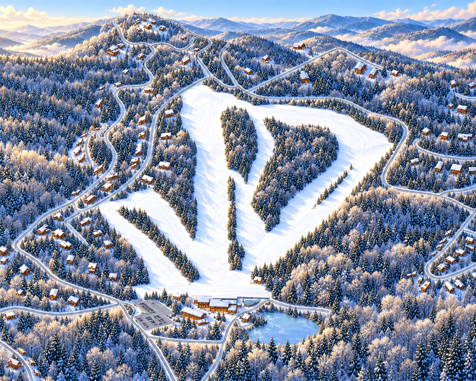 Illustrative winter view of Appalachian Ski Mtn., registered to approximate mapped trails and base-area geography