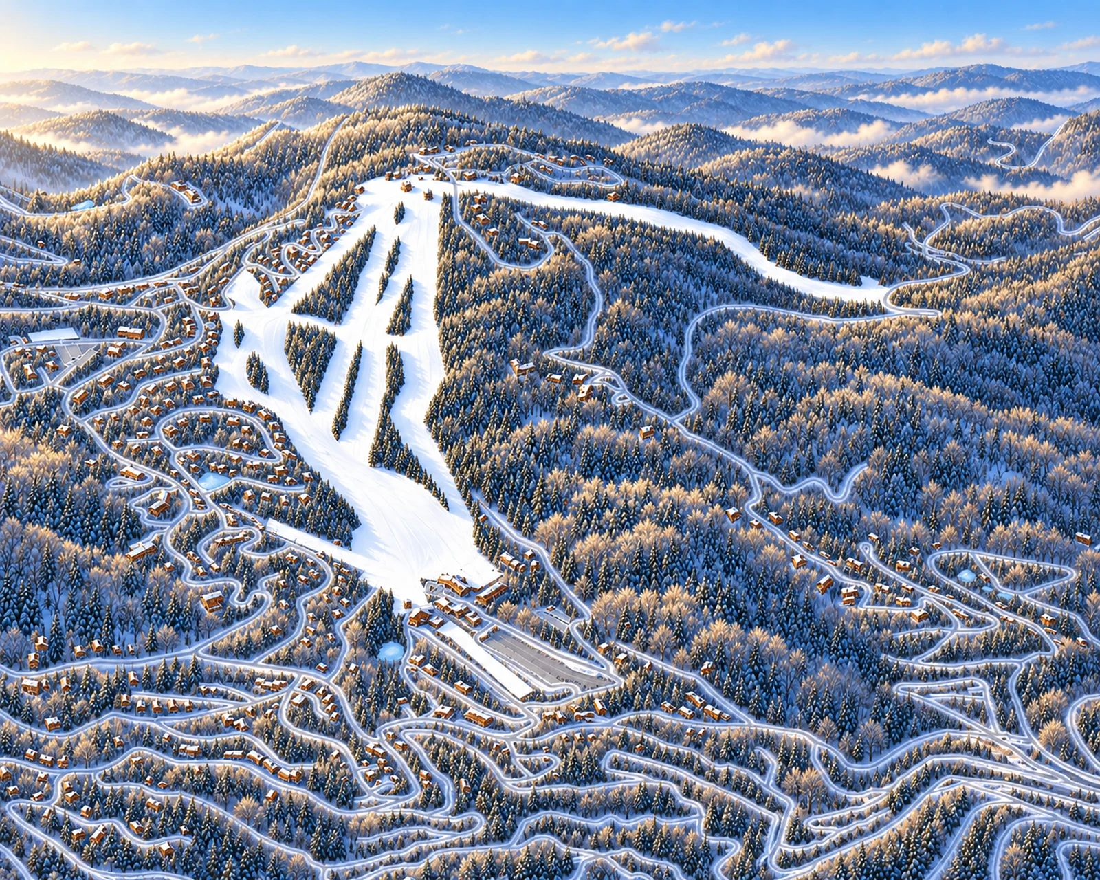Illustrative winter view of Beech Mountain, registered to approximate mapped trails and base-area geography
