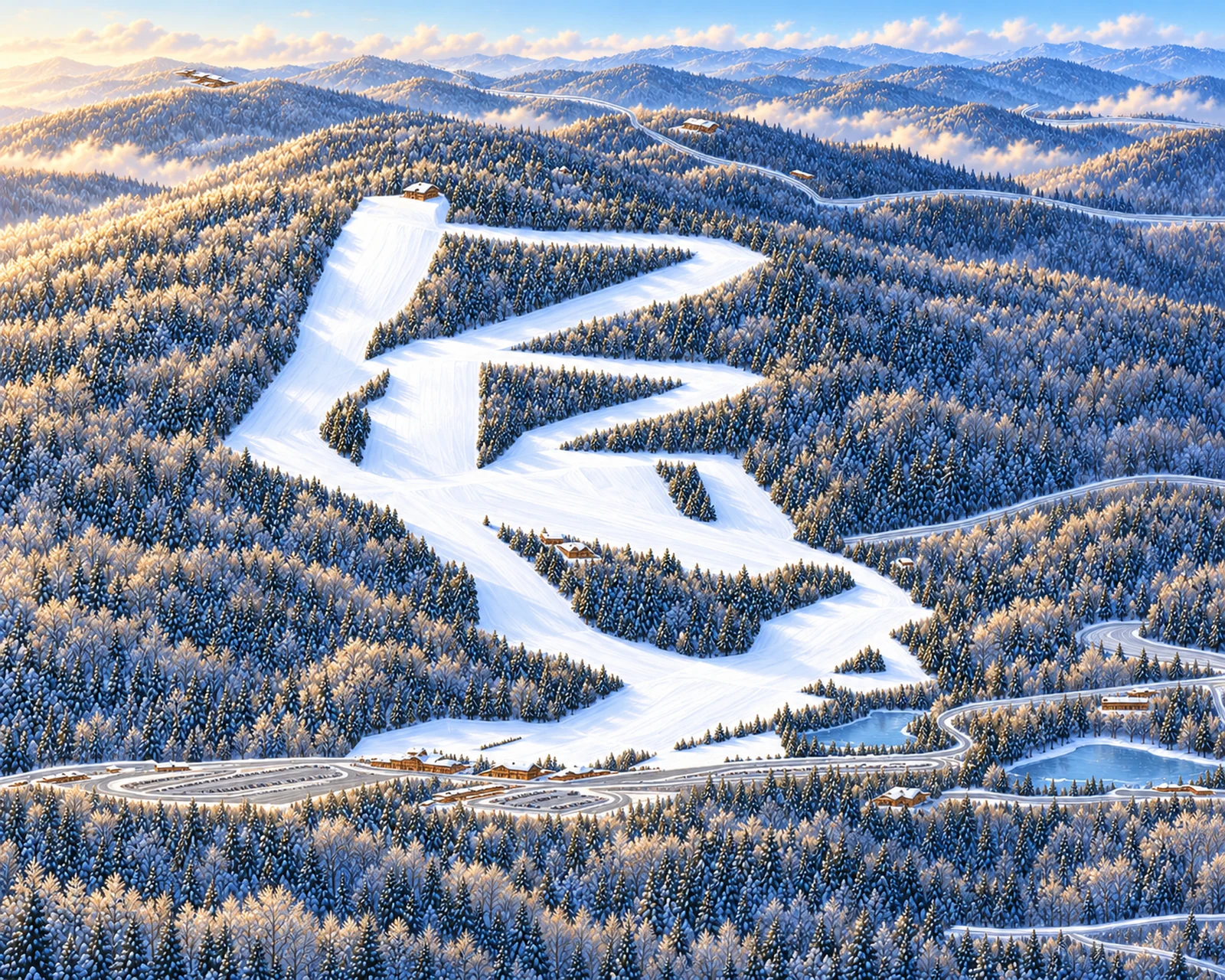 Illustrative winter view of Cataloochee Ski Area, registered to approximate mapped trails and base-area geography