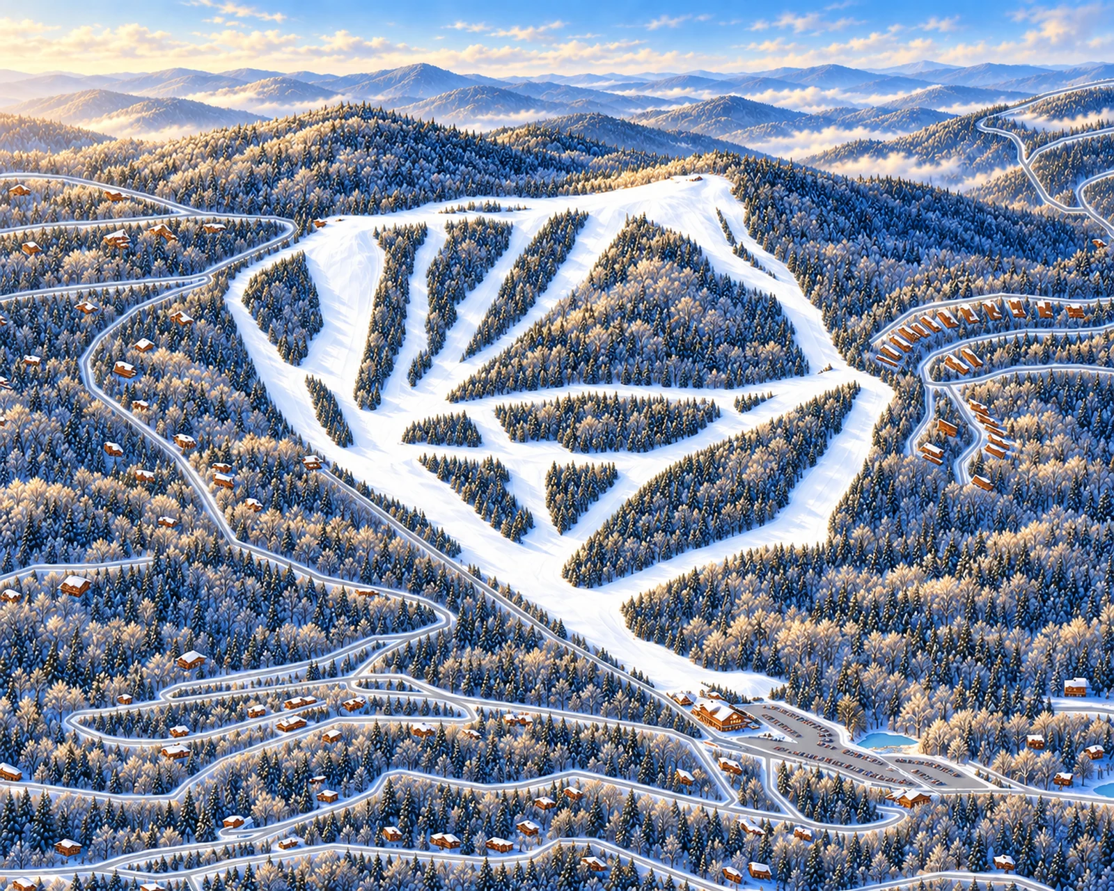 Illustrative winter view of Hatley Pointe, registered to approximate mapped trails and base-area geography