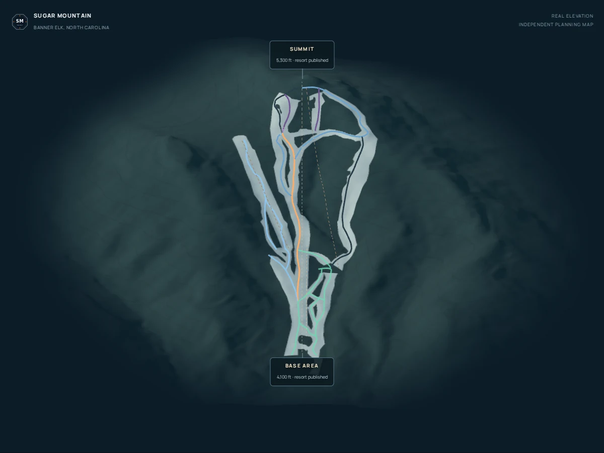 Sugar Mountain terrain viewed uphill, with the summit above the base area. Illustrative winter styling over real elevation data.